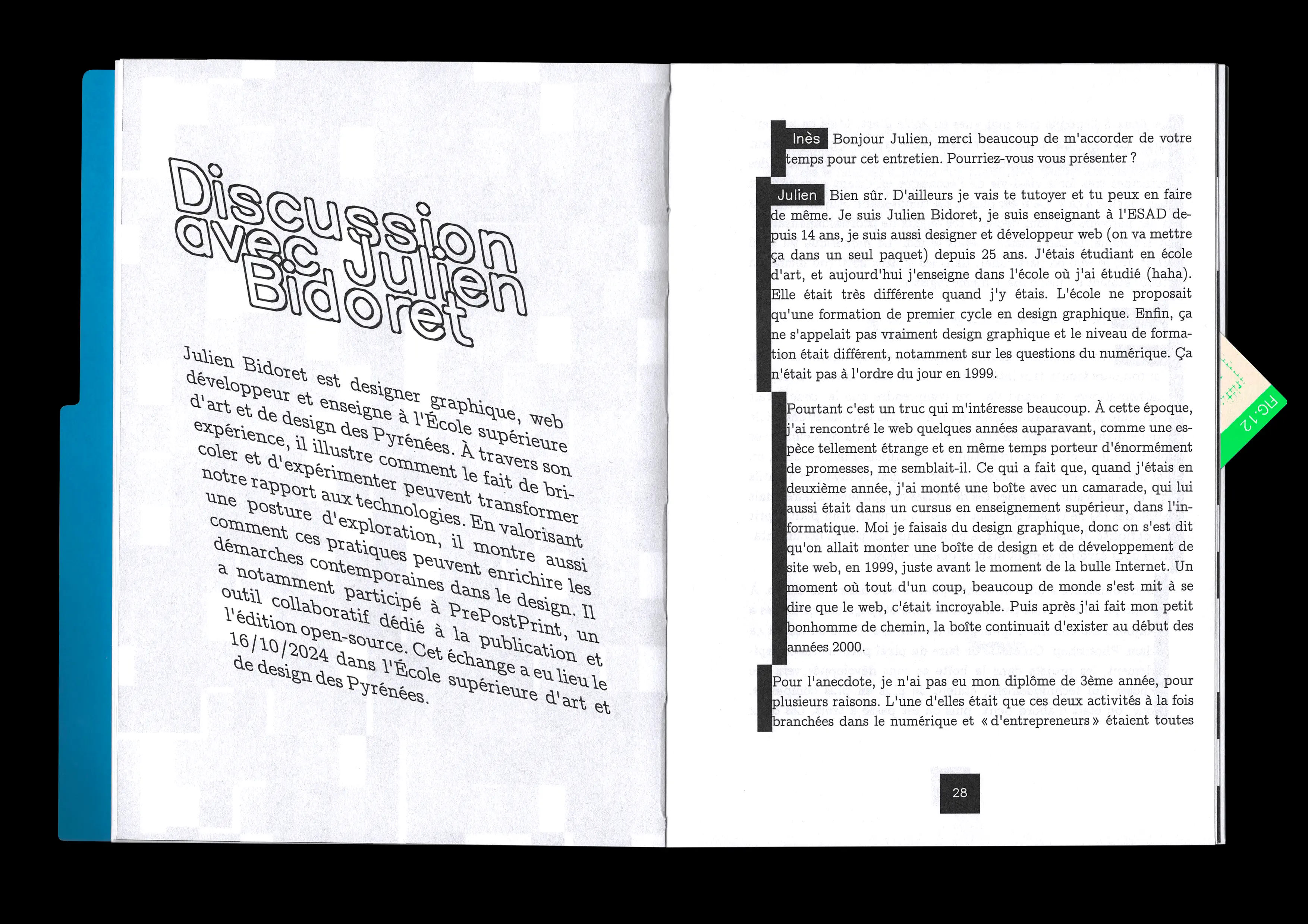 Double page présentant l'interview de Julien Bidoret sur le design libre