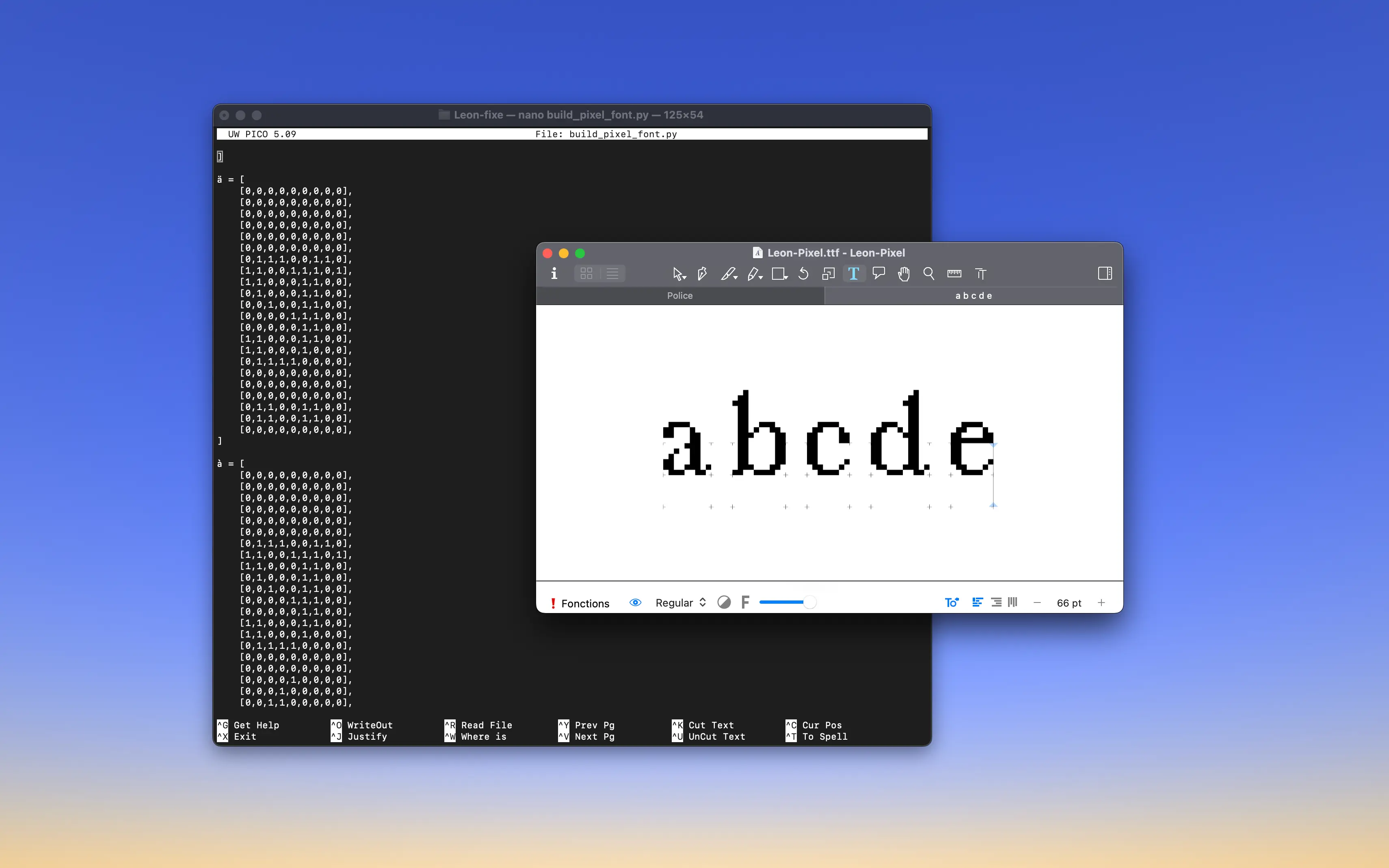 Aperçu de la typo sur Glyphs et du terminal de commande
